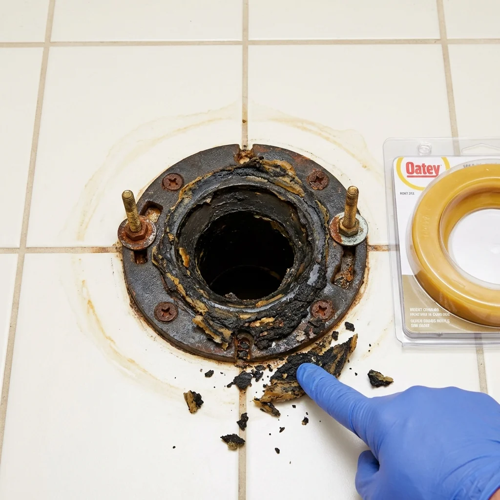 Failed wax ring showing water seepage at the base of a toilet in a Camden, NY home